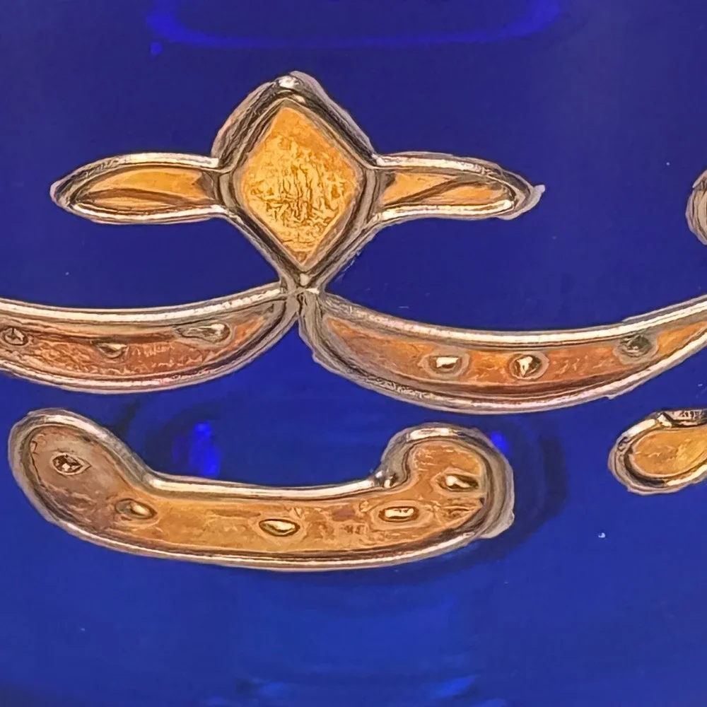 VTG Cobalt Blue Glass Compote Bowl Enamel Gold Gilt Pedestal Dish Candy Bohemian